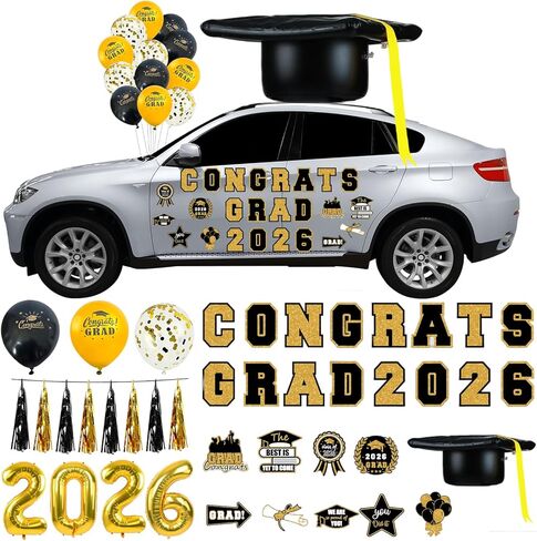 55 قطعة 2026 Congrats Grad Car Decoratio فئة كبار من 2026 ديكور السيارات يشمل قبعة التخرج القابلة للنفخ، مغناطيس ديكور، بالونات شرابة للسيارات، سقف المدرسة، حفلة جامعية لصالح موكب التخرج (أسود) in Kuwait