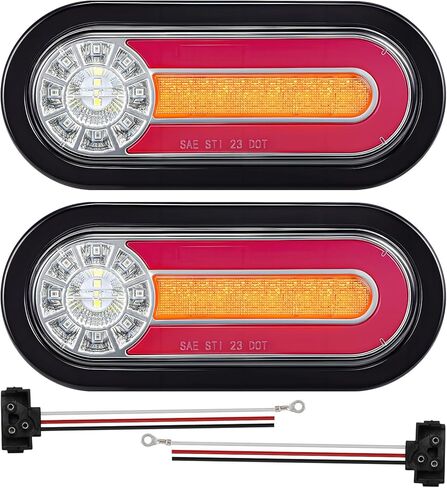 Partsam 2PCS 6 Inch Oval LED Trailer Tail Lights with Halo Glow 54 LEDs, 4-in-1 Stop Turn Tail Brake Reverse Combo Red/White/Amber, IP67 Waterproof Flush Mount Grommet Kit 10-30V, Patent Pending in Kuwait