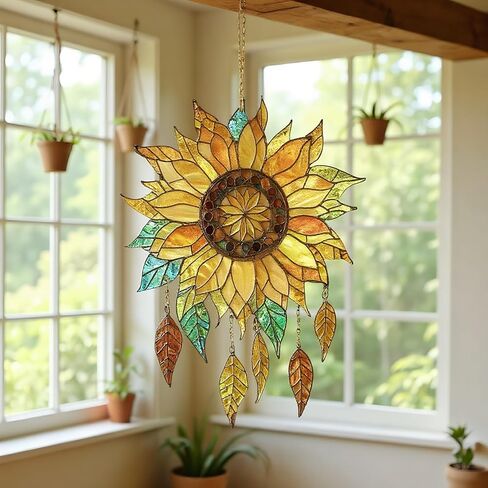 2D Glass Window Hanging Decoration Bohemian Style Stained - Vibrant Acrylic Design with Rich Petals and Tassels, Suitable for Garden, Patio or Balcony Decoration | Ideal Gift for Flower Lovers in Kuwait