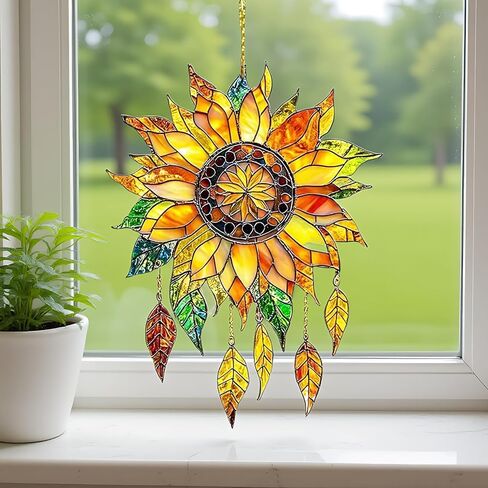 2D Glass Window Hanging Decoration Bohemian Style Stained - Vibrant Acrylic Design with Rich Petals and Tassels, Suitable for Garden, Patio or Balcony Decoration | Ideal Gift for Flower Lovers in Kuwait