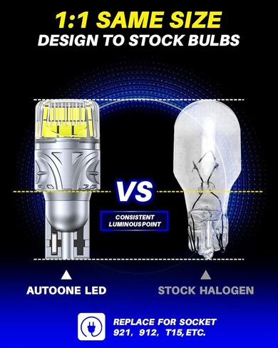 مصابيح عكسية 921 LED مطورة من AUTOONE، 500% فائقة السطوع و360 درجة إضاءة عالية، استبدال T15 912 LED مع جهاز عرض لمصابيح الإضاءة الاحتياطية، 6000 كلفن أبيض، حزمة من 2 in Kuwait