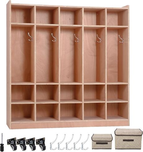 Patikuin Mobile 20-Cubby Storage Cabinet – Coat Locker, Hooks, Anti-Tip Anchors, 4 Casters, 2 Storage Boxes – Office, TrainingRoom, Daycare & Home Organizer, Natural Wood – 20-Grid Cabinet in Saudi Arabia
