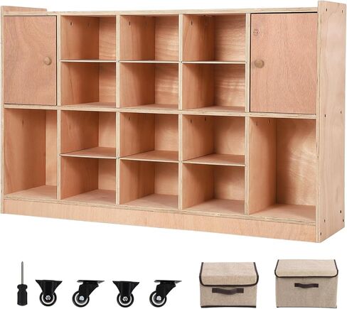 Patikuin Mobile 20-Cubby Storage Cabinet – Coat Locker, Hooks, Anti-Tip Anchors, 4 Casters, 2 Storage Boxes – Office, TrainingRoom, Daycare & Home Organizer, Natural Wood – 20-Grid Cabinet in Saudi Arabia