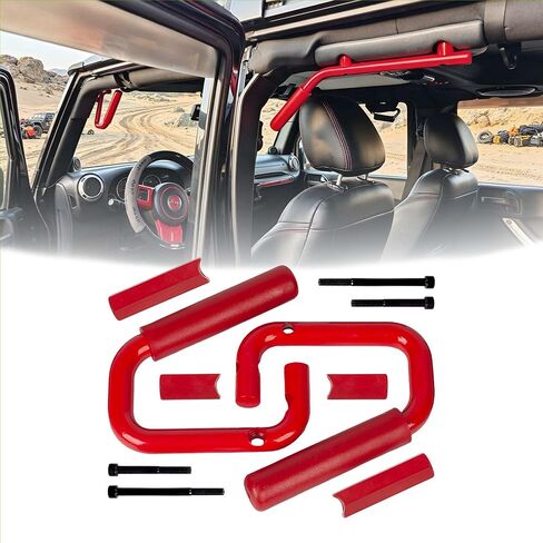 Front Grab Handles for 2007-2018 Jeep Wrangler JK JKU 2/4-Door, Solid Aluminum Grab Bars for Sport Sahara Rubicon Unlimited, Interior Off-Road Entry Aids, No-Drilling, 2PCS Red in Kuwait