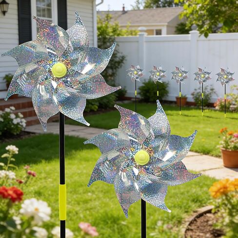 Reflective Pre-Assembled Bird Pinwheels, 12 Pack Foil Bird Scare Wind Spinners with Stakes for Outdoor Yard, Garden, Patio, Farm and Orchard to Keep Birds and Animals Away in Kuwait