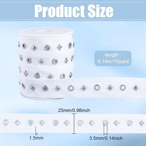 PH PandaHal 10 Yards Eyelet Trim with Grommets, 1" Cotton Eyelet Grommet Tape with Silver Metal Hole Eyelet Decorative Star for Sewing Garment Corset Dress Skirt Jacket Shirt Shoes, White in Kuwait