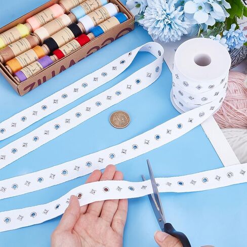 PH PandaHal 10 Yards Eyelet Trim with Grommets, 1" Cotton Eyelet Grommet Tape with Silver Metal Hole Eyelet Decorative Star for Sewing Garment Corset Dress Skirt Jacket Shirt Shoes, White in Kuwait