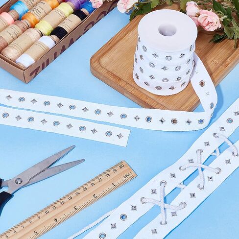 PH PandaHal 10 Yards Eyelet Trim with Grommets, 1" Cotton Eyelet Grommet Tape with Silver Metal Hole Eyelet Decorative Star for Sewing Garment Corset Dress Skirt Jacket Shirt Shoes, White in Kuwait