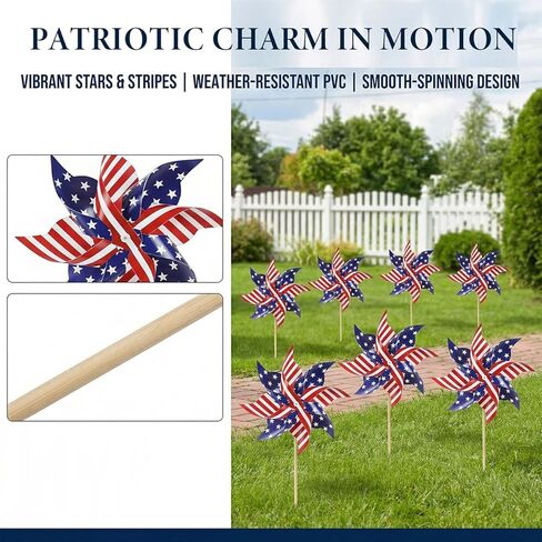 دواليب وطنية مكونة من 12 قطعة، مطلوبة للتجميع، تصميم العلم الأمريكي على الوجهين، دوارات الرياح للفناء، الحديقة، الحديقة، الرابع من يوليو، ديكور خارجي ليوم الذكرى (النمط 1) in Kuwait
