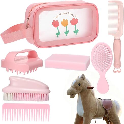 7 Pcs Hobby Horse Grooming Kit Pony Accessories Care Set with Storage Bag Brushes Combs & High-Density Sponge for Plush & Long Mane Care - Pink Nordic Style in Kuwait