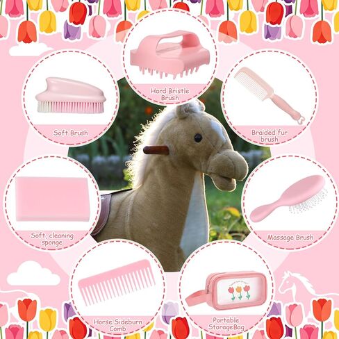 7 Pcs Hobby Horse Grooming Kit Pony Accessories Care Set with Storage Bag Brushes Combs & High-Density Sponge for Plush & Long Mane Care - Pink Nordic Style in Kuwait