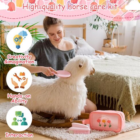 7 Pcs Hobby Horse Grooming Kit Pony Accessories Care Set with Storage Bag Brushes Combs & High-Density Sponge for Plush & Long Mane Care - Pink Nordic Style in Kuwait