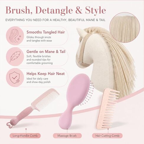 7 Pcs Hobby Horse Grooming Kit Pony Accessories Care Set with Storage Bag Brushes Combs & High-Density Sponge for Plush & Long Mane Care - Pink Nordic Style in Kuwait