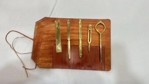 Handmade Lether roll Unique Gift for Drafting Divider Set of 5, Full Brass dividers with Executive Handmade Leather Roll Tools Bag, Single Handed 8" Brass Navigation Dividers Compass Set in Kuwait