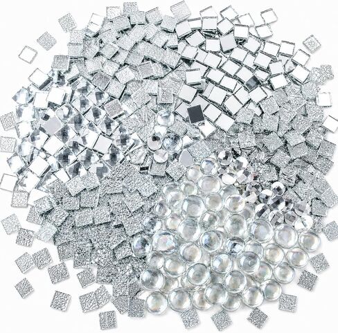 1000g Real Mirror Glass Mosaic Tiles for DIY, Silver Textured Square Tiles (15mm) with Iridescent Glass Gems, Mixed Shapes Stained Glass Set for Mosaic Art & Home Décor Projects in Kuwait