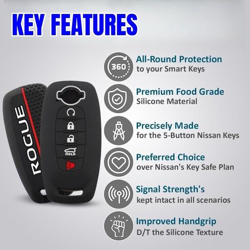 متوافق مع غطاء Rogue Key Fob مع سلسلة مفاتيح حافظة مفاتيح حماية من السيليكون الناعم لأزرار 2023 2024 2025 Nissan Rogue-5 (أسود) in Kuwait