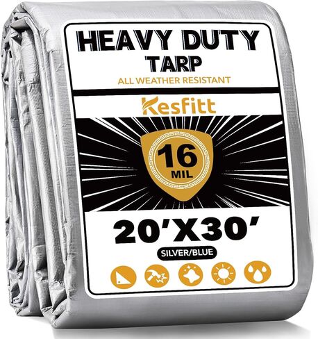 Kesfitt Tarp شديد التحمل مقاوم للماء مقاس 10 × 10 أقدام، قماش سميك 16 مل مقاوم للتمزق والبهتان، مقاوم للأشعة فوق البنفسجية، غطاء قماش بولي مع حلقات وحواف معززة للتخييم في الهواء الطلق وحمامات السباحة والقارب (أزرق/بني) in Kuwait