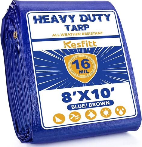 Kesfitt Tarp شديد التحمل مقاوم للماء مقاس 10 × 10 أقدام، قماش سميك 16 مل مقاوم للتمزق والبهتان، مقاوم للأشعة فوق البنفسجية، غطاء قماش بولي مع حلقات وحواف معززة للتخييم في الهواء الطلق وحمامات السباحة والقارب (أزرق/بني) in Kuwait