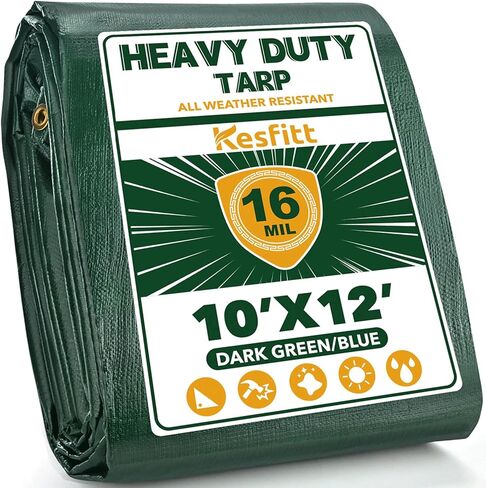 Kesfitt Tarp شديد التحمل مقاوم للماء مقاس 10 × 10 أقدام، قماش سميك 16 مل مقاوم للتمزق والبهتان، مقاوم للأشعة فوق البنفسجية، غطاء قماش بولي مع حلقات وحواف معززة للتخييم في الهواء الطلق وحمامات السباحة والقارب (أزرق/بني) in Kuwait