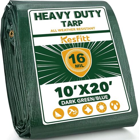Kesfitt Tarp شديد التحمل مقاوم للماء مقاس 10 × 10 أقدام، قماش سميك 16 مل مقاوم للتمزق والبهتان، مقاوم للأشعة فوق البنفسجية، غطاء قماش بولي مع حلقات وحواف معززة للتخييم في الهواء الطلق وحمامات السباحة والقارب (أزرق/بني) in Kuwait