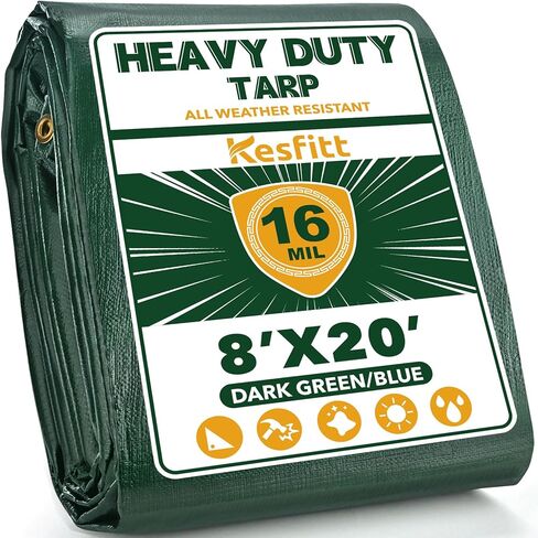 Kesfitt Tarp شديد التحمل مقاوم للماء مقاس 10 × 10 أقدام، قماش سميك 16 مل مقاوم للتمزق والبهتان، مقاوم للأشعة فوق البنفسجية، غطاء قماش بولي مع حلقات وحواف معززة للتخييم في الهواء الطلق وحمامات السباحة والقارب (أزرق/بني) in Kuwait