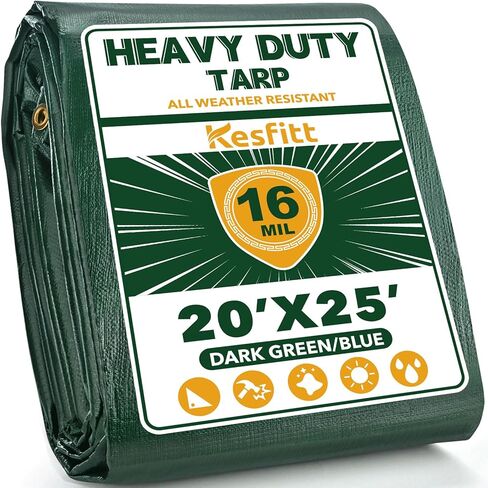 Kesfitt Tarp شديد التحمل مقاوم للماء مقاس 10 × 10 أقدام، قماش سميك 16 مل مقاوم للتمزق والبهتان، مقاوم للأشعة فوق البنفسجية، غطاء قماش بولي مع حلقات وحواف معززة للتخييم في الهواء الطلق وحمامات السباحة والقارب (أزرق/بني) in Kuwait