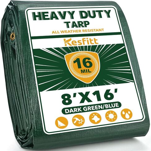 Kesfitt Tarp شديد التحمل مقاوم للماء مقاس 10 × 10 أقدام، قماش سميك 16 مل مقاوم للتمزق والبهتان، مقاوم للأشعة فوق البنفسجية، غطاء قماش بولي مع حلقات وحواف معززة للتخييم في الهواء الطلق وحمامات السباحة والقارب (أزرق/بني) in Kuwait