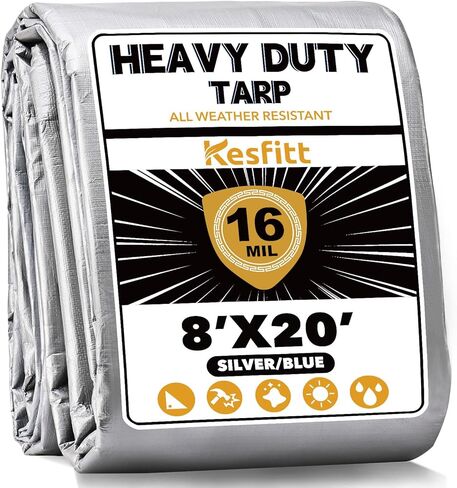 Kesfitt Tarp شديد التحمل مقاوم للماء مقاس 10 × 10 أقدام، قماش سميك 16 مل مقاوم للتمزق والبهتان، مقاوم للأشعة فوق البنفسجية، غطاء قماش بولي مع حلقات وحواف معززة للتخييم في الهواء الطلق وحمامات السباحة والقارب (أزرق/بني) in Kuwait
