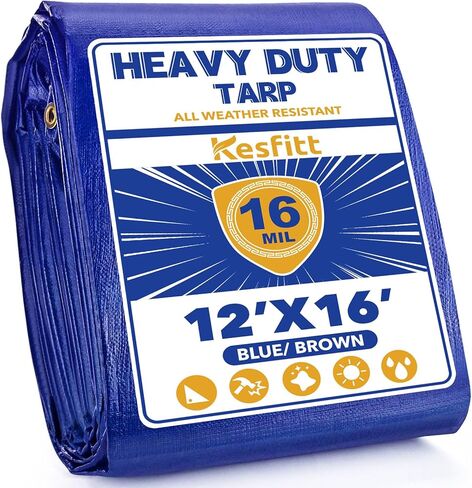 Kesfitt Tarp شديد التحمل مقاوم للماء مقاس 10 × 10 أقدام، قماش سميك 16 مل مقاوم للتمزق والبهتان، مقاوم للأشعة فوق البنفسجية، غطاء قماش بولي مع حلقات وحواف معززة للتخييم في الهواء الطلق وحمامات السباحة والقارب (أزرق/بني) in Kuwait
