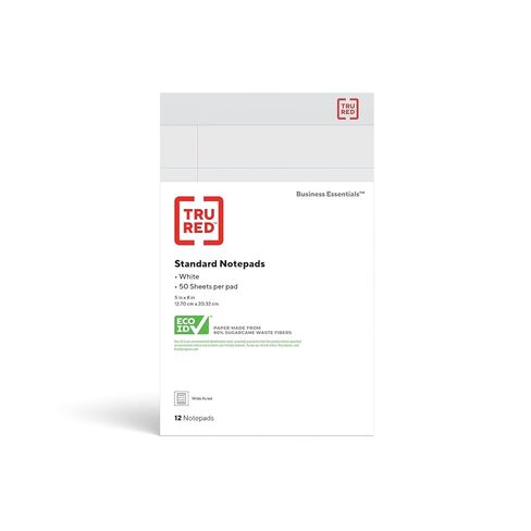 دفتر ملاحظات TRU RED، أوراق مقاس 5 × 8 بوصة، مسطرة عريضة، أبيض، 50 ورقة/وسادة، دستة وسادات/عبوة (TR58182) in Kuwait