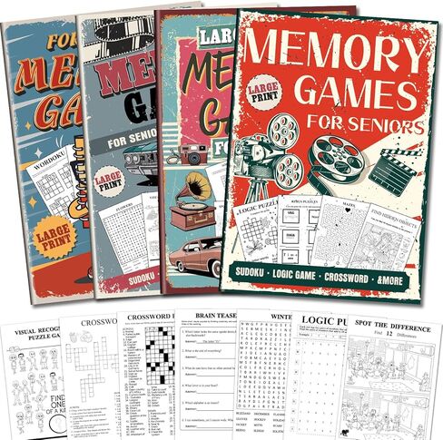 Elfew 4 Pack Large Print Activity Books for Seniors, 150+ Memory Games, 16 in 1 Puzzle Books for Adults, Variety Brain Games: Word Search, Sudoku, Mazes, Crosswords, Gifts for Elderly Women & Men in Kuwait