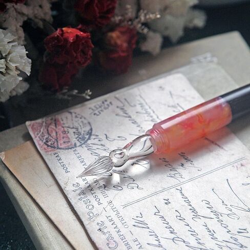 SeventyTwo Handmade Glass Dip Pen with Wood Handle, Black and Pink Coral Design, Calligraphy Writing Pen with Cap (Black-Pink) in Kuwait