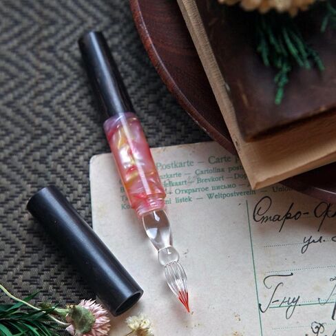 SeventyTwo Handmade Glass Dip Pen with Wood Handle, Black and Pink Coral Design, Calligraphy Writing Pen with Cap (Black-Pink) in Kuwait