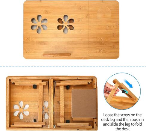 Adjustable Bamboo Laptop Desk, Foldable Bed Tray Table, Multi-Function Lap Desk with Drawer, Portable Laptop Stand for Bed Sofa, Ergonomic Laptop Reading Table in Kuwait