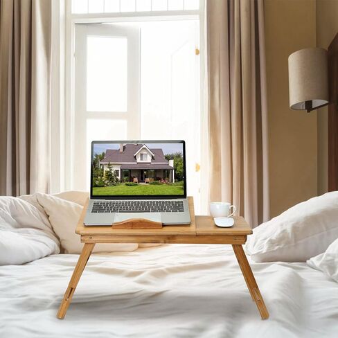 Adjustable Bamboo Laptop Desk, Foldable Bed Tray Table, Multi-Function Lap Desk with Drawer, Portable Laptop Stand for Bed Sofa, Ergonomic Laptop Reading Table in Kuwait