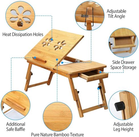 Adjustable Bamboo Laptop Desk, Foldable Bed Tray Table, Multi-Function Lap Desk with Drawer, Portable Laptop Stand for Bed Sofa, Ergonomic Laptop Reading Table in Kuwait