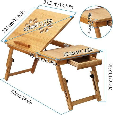 Adjustable Bamboo Laptop Desk, Foldable Bed Tray Table, Multi-Function Lap Desk with Drawer, Portable Laptop Stand for Bed Sofa, Ergonomic Laptop Reading Table in Kuwait