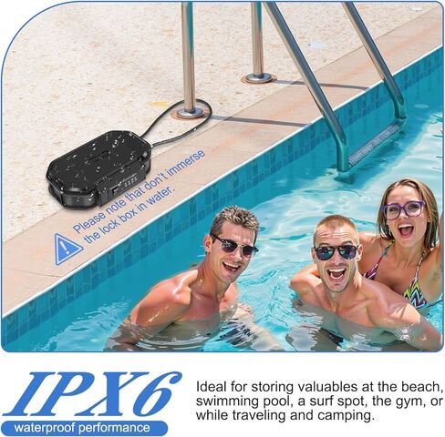 ZHEGE Portable Travel Safe Lock Box Waterproof, Small Beach Safe Box with Removable Cable (22.4 in) & 4 Digit Code - Suitable for Vacation, College Dorm, Home, Hotel, Pool, Surfing, Camping (Black) in Kuwait