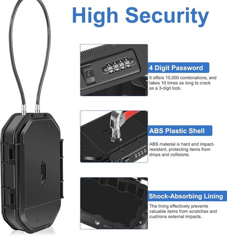 ZHEGE Portable Travel Safe Lock Box Waterproof, Small Beach Safe Box with Removable Cable (22.4 in) & 4 Digit Code - Suitable for Vacation, College Dorm, Home, Hotel, Pool, Surfing, Camping (Black) in Kuwait