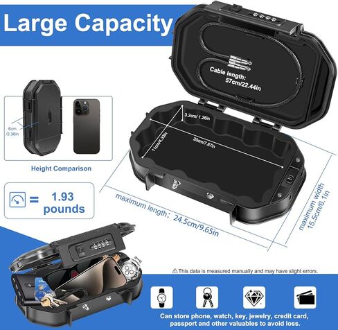 ZHEGE Portable Travel Safe Lock Box Waterproof, Small Beach Safe Box with Removable Cable (22.4 in) & 4 Digit Code - Suitable for Vacation, College Dorm, Home, Hotel, Pool, Surfing, Camping (Black) in Kuwait