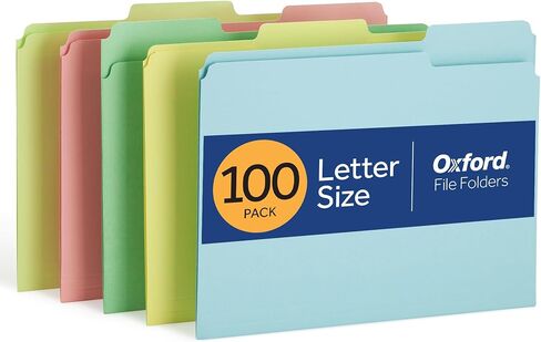 مجلدات ملفات أكسفورد ملونة، 100 حزمة، مقاس Letter (8.5 بوصة × 11 بوصة)، 3 علامات تبويب، 5 ألوان باستيل، ترميز ألوان لتنظيم المستندات المدرسية والمكتبية والمنزلية in Kuwait