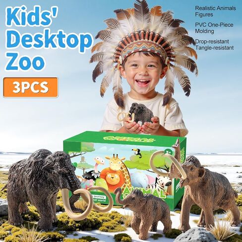 Totsmlie 3PCS 6" Woolly Mammoth Family Toy Figurines, Solid Prehistoric Animals Toys for Kids 3 4 5 6+, Educational Toy for Boys Girls, Suitable for Cake Decoration Kids Birthday Gifts Party Favors in Kuwait