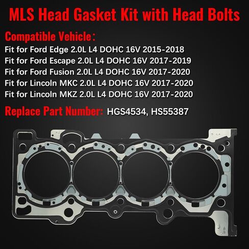 HGS4534 Head Gasket Kit with Head Bolts Fit for Ford Edge 2.0L 2015-2018, for Escape 2.0L 2017-2019, for Fusion 2.0 2017-2020, for Lincoln MKC MKZ 2.0L 2017-2020, Replace HS55387 in Kuwait