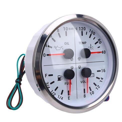 Qinlorgo 4 in 1 Multifunction Gauge Digital Gauge, 4 in 1 Combination Multi with Fuel Level Oil Pressure Water Temp Voltmeter for RV Yacht Truck Van (White Dial Silver Bezel) in Kuwait