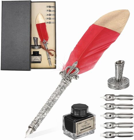 PATIKIL Feather Quill Pen Set, 1 Set Vintage Feather Calligraphy Pen Fountain Dip Pen Set with Ink, Pen Holder and Replacement Nibs for Beginner Writer Writing Gift, Pink in Kuwait