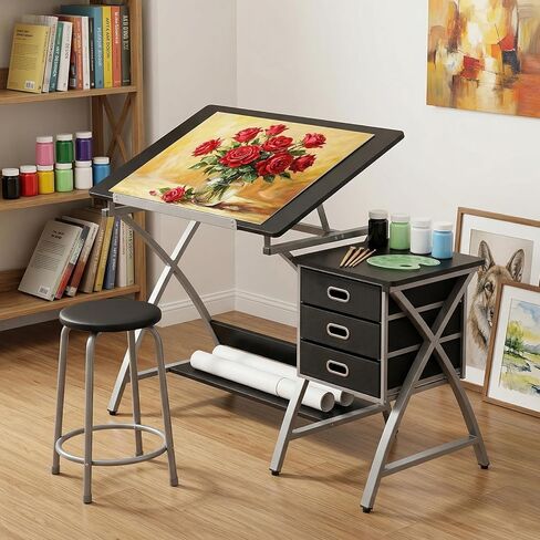 Drafting Table for Adults/Artists, Drawing Desk, Tabletop Adjustable Art/Craft Desk with Stool and 3 Slide Drawers, Sketching Painting Artwork Station for Art Studio Home Office School in Kuwait