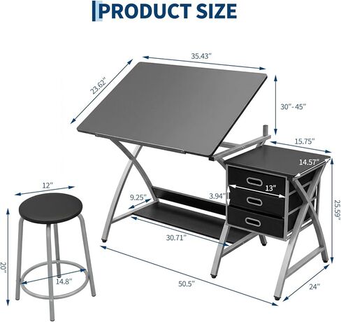 Drafting Table for Adults/Artists, Drawing Desk, Tabletop Adjustable Art/Craft Desk with Stool and 3 Slide Drawers, Sketching Painting Artwork Station for Art Studio Home Office School in Kuwait