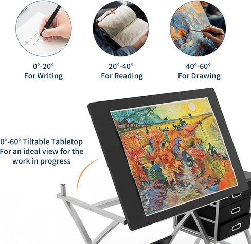 Drafting Table for Adults/Artists, Drawing Desk, Tabletop Adjustable Art/Craft Desk with Stool and 3 Slide Drawers, Sketching Painting Artwork Station for Art Studio Home Office School in Kuwait