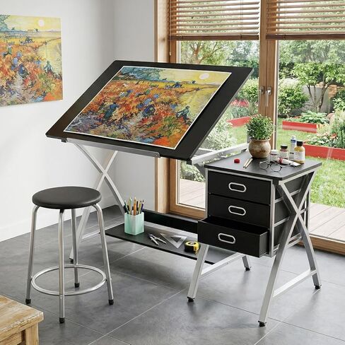 Drafting Table for Adults/Artists, Drawing Desk, Tabletop Adjustable Art/Craft Desk with Stool and 3 Slide Drawers, Sketching Painting Artwork Station for Art Studio Home Office School in Kuwait