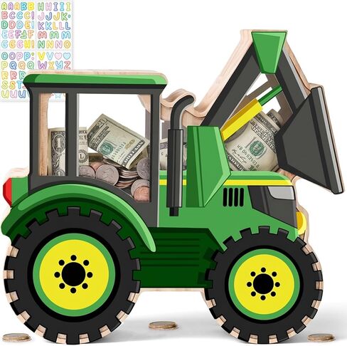 Wooden Tractor Piggy Bank for Kids, Tractor Money Box for Boys, Unbreakable Toddler Farm Vehicle Coin Bank, Educational Toys for Boys Girls, Kids Bank with Stickers for Birthday Gifts in Kuwait